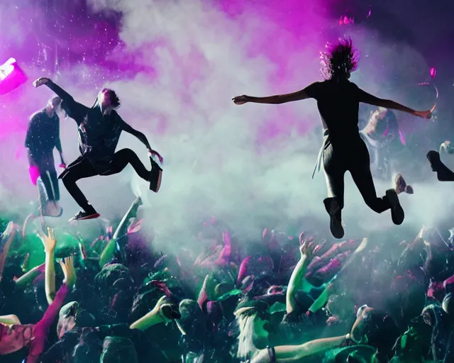 Image similar to Jumping Rumpelstilzchen smashing computers, group of people on stage playing instruments, aquatic stage effects, dust, smoke, giant LED screens, colored projections, ultrafine detail, cybersuit, smoke, high contrast, projections, holography, dimmed lighting, cinematography by Jim Jarmusch