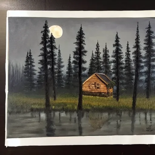 Prompt: peaceful forgotten cabin. masterpiece oil painting, dark, scary. endless tall trees in the background. the moon shines.