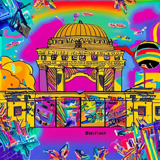 Prompt: fall of the berlin wall, in the style of lisa frank