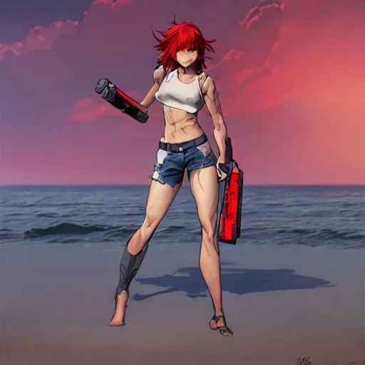 Prompt: full body character deisgn by artgerm, yoji shinkawa, greg rutkowski. cute eastern european cyborg scarlet red haired woman, steel gray body, denim shorts, cropped shirt with jacket, beach sunset background, soft smile, bold pose, 8 k ultra detailed, elegant, octane render