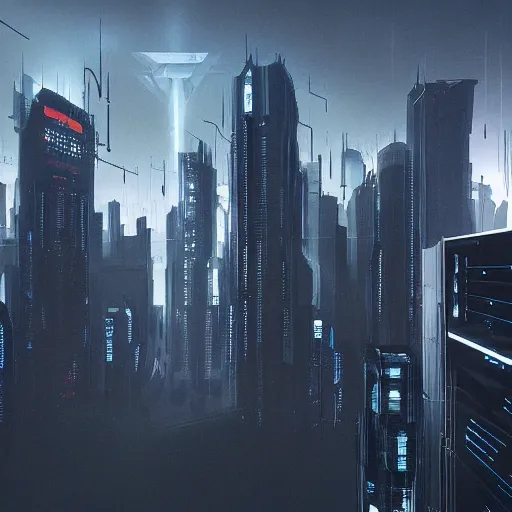 Image similar to scary headquarters for evil cyberpunk megacorporation