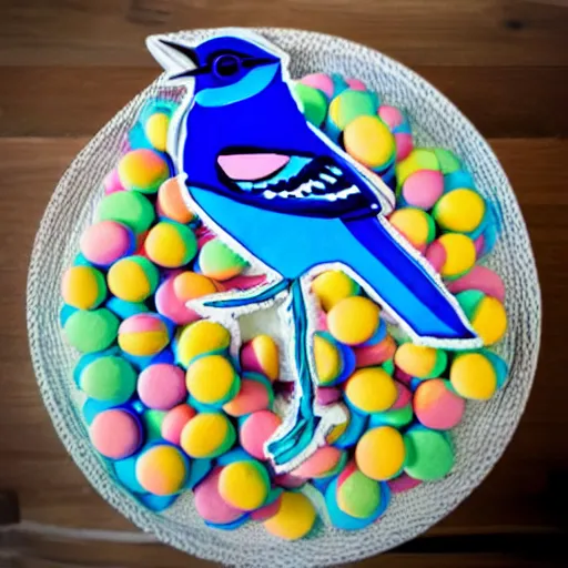 Image similar to A photograph of a (photorealistic blue jay) standing on a large basket of rainbow macarons.