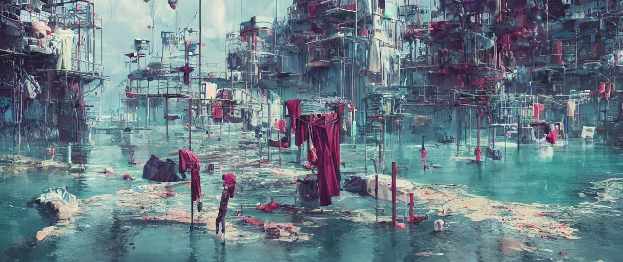 Prompt: the dripping paint monster washing their laundry in the bay by beeple , cinematic atmosphere, establishing shot