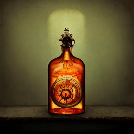 Prompt: a steampunk painting of a vintage orange potion bottle, lit by a single ray of sunlight in a dark dusty vintage science lab, by h. r. giger, hyperrealistic fantasy art, concept matte, ethereal, dreamy, digital art, trending on artstation, volumetric cinematic lighting