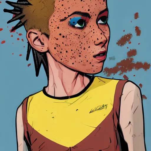 Prompt: Highly detailed portrait of a punk zombie cuban young lady with freckles and short spikey punk hair by Atey Ghailan, by Loish, by Bryan Lee O'Malley, by Cliff Chiang, was inspired by image comics, inspired by scott pilgrim, inspired by graphic novel cover art !!!electric blue, brown, black, yellow and white color scheme ((grafitti tag brick wall background))