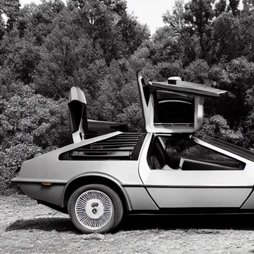 Image similar to a monochromatic sepia photograph of a delorean in a group of covered wagons,