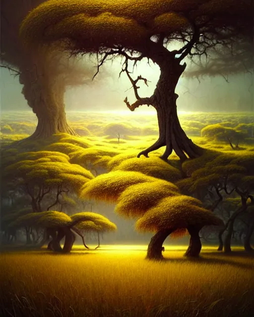 Image similar to a hyper - detailed 3 d render like an oil painting of illusions of the black oak savanna ecosystem, surrealism!!!!! surreal concept art, lifelike, photorealistic, digital painting, aesthetic, smooth, sharp focus, artstation hd, by greg rutkowski, bruce pennington, valentina remenar, rhads, asher duran,