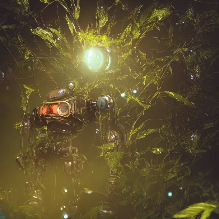 Image similar to overgrown foliage taking over an abandoned robot body, close - up, 3 5 mm, biopunk, bokeh, beautiful, lens flare, emotional, sweet, flowers, detailed, picture, trending on artstation, award - winning, shiny, golden