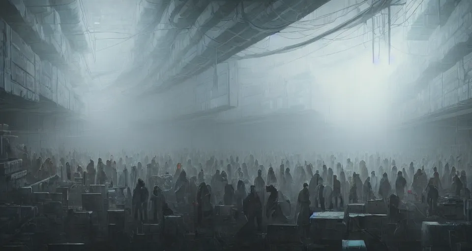 Image similar to illustration of rows of humans in cryostasis in a cold warehouse, refrigerated storage facility, rolling fog, greg rutkowski, cyberpunk, dramatic lighting, unreal engine 5, colorful