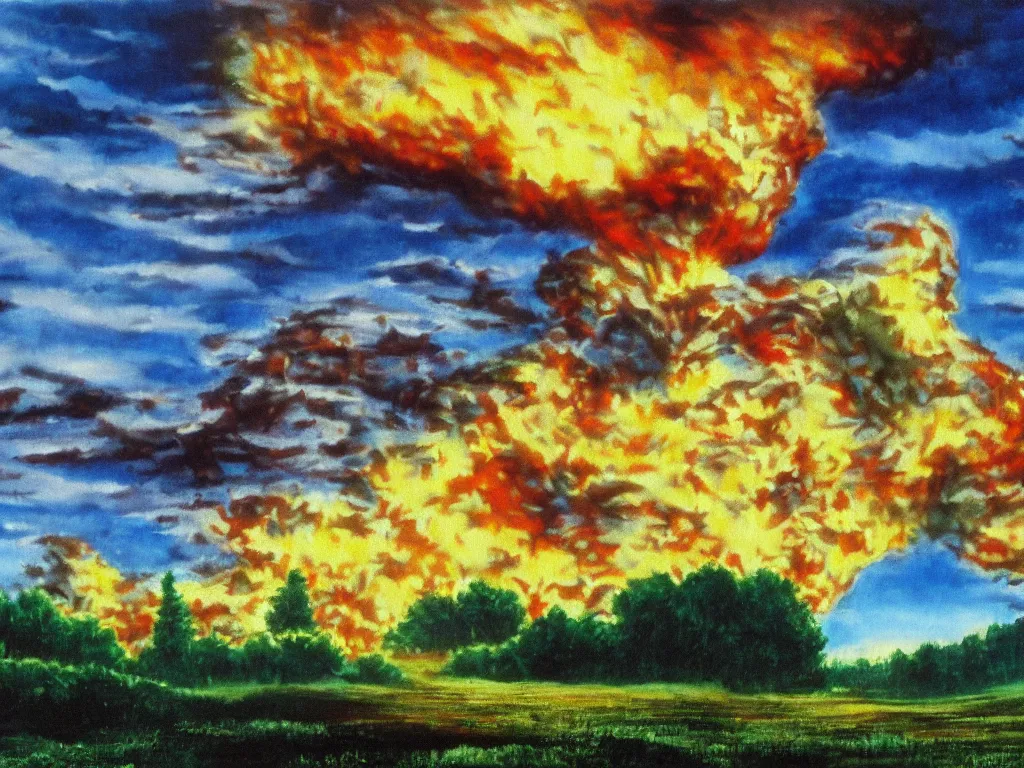 Image similar to bob ross painting of a nuclear holocaust