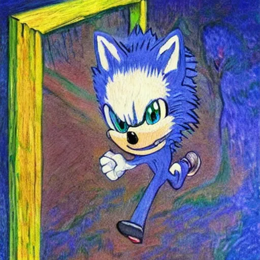 Image similar to sad painting of detailed realistic sonic the hedgehog in the woods at night, in the style of studio ghibli and moebius and claude monet and edward hopper and vincent van gogh