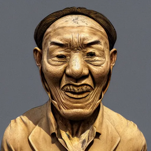 Image similar to photorealistic fossilised bronze sculpture face portrait of chinese uyghur muslim prisoner, wearing victorian rags, elite, disfigured, drooling, moist, unnatural movement, they are unhappy, bizzaro, renaissance, by emedios varo and anato finnstark and fenghua zhong and giacometti, hyperrealism, 8 k, 3 d, masterpiece, texture