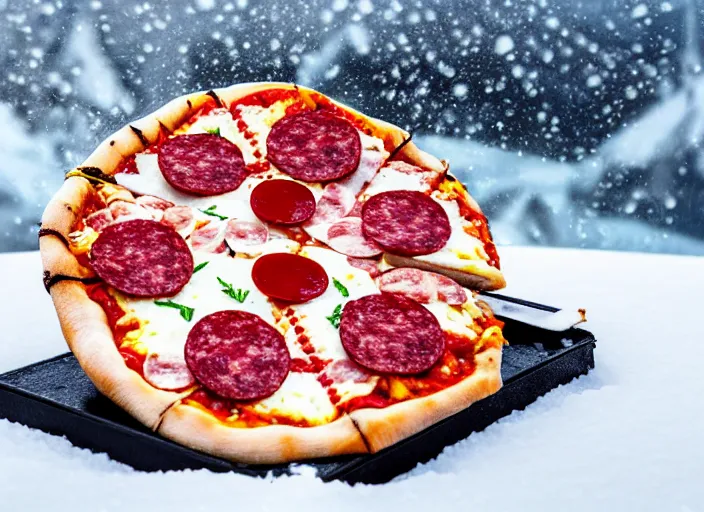 Prompt: clear highly detailed photorealistic food photograph of a pizza half stuck frozen in an ice cube with salami pepperoni lying in the snow, skiers in the background