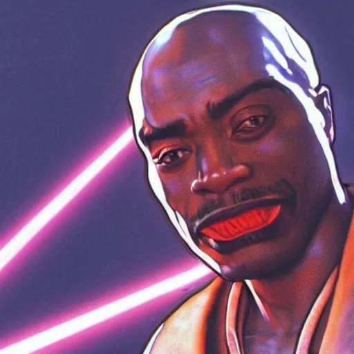 Image similar to Tupac Shakur as Mace Windu, highly detailed lucasfilm concept art from 1990s, 8k, movie still, high contrast