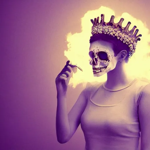 Image similar to full body potrait of a woman. woman is wearing a crown made of cigarettes. Woman is wearing a skull mask. Smoke effects forms question mark. Digital painting. Art station. Mood lighting. - h 1200