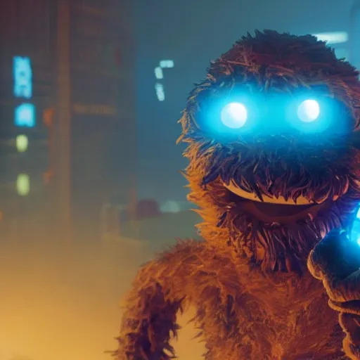 Image similar to cookie monster in cyberpunk 2 0 7 7 unreal engine 5 8 k hyperdetailed