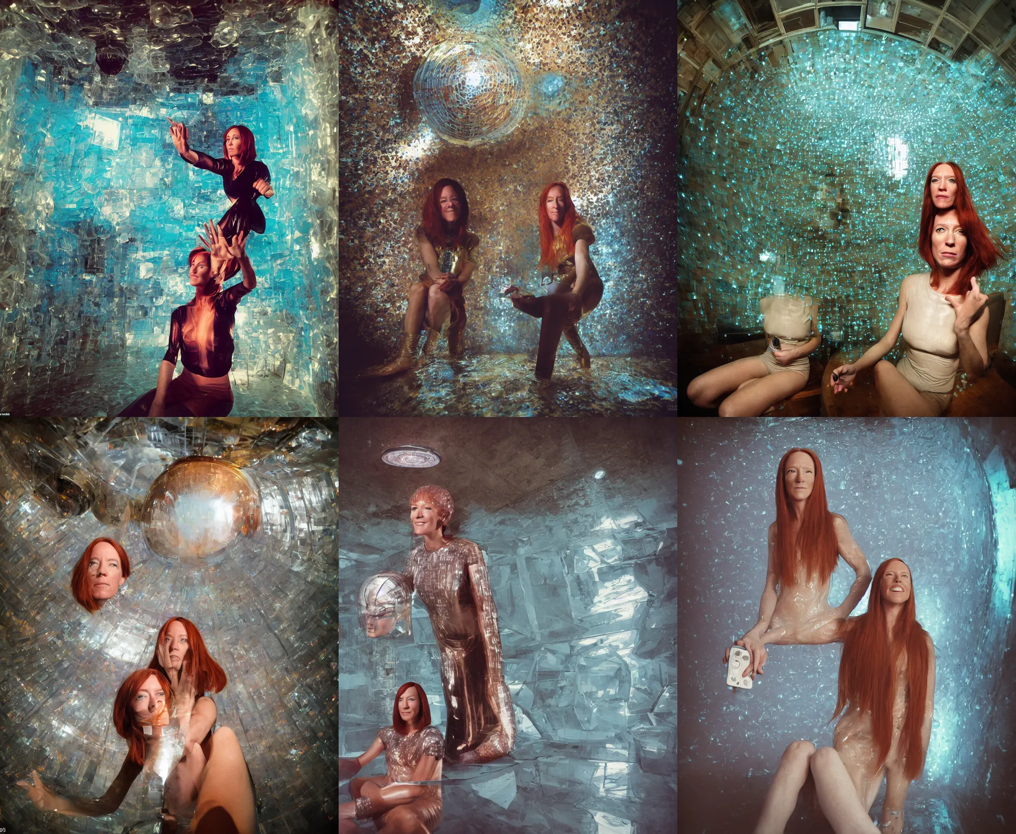 Prompt: selfie portrait : (subject= Jen Psaki + subject detail= jellyfish human vogue model hybrid wearing semi-opaque roman armor), sitting inside of a partially flooded 1970s luxury bungalow cabin with infinity mirror walls, suspended soviet computer console on ceiling, ektachrome color photograph, volumetric lighting, off-camera flash, 12mm wide angle lens f8 aperture, side view closeup portrait