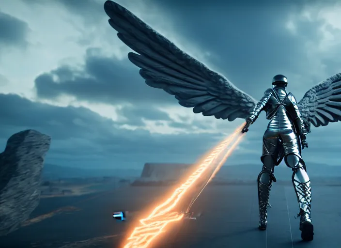 Prompt: an angel holding a massive detailed electric broadsword while flying above a battleground, ultra realistic vfx, reflections, unreal engine, octane render, ray tracing, highly detailed, high quality, uhd, 8 k resolution