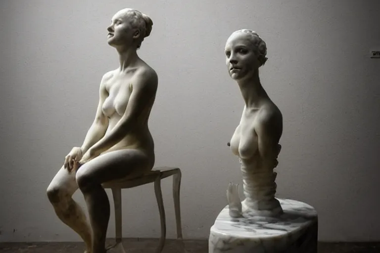 Image similar to a sculpture of a beautiful woman sitting on a chair, a white marble sculpture covered with floating wax by nicola samori, behance, neo - expressionism, marble sculpture, apocalypse art, made of mist