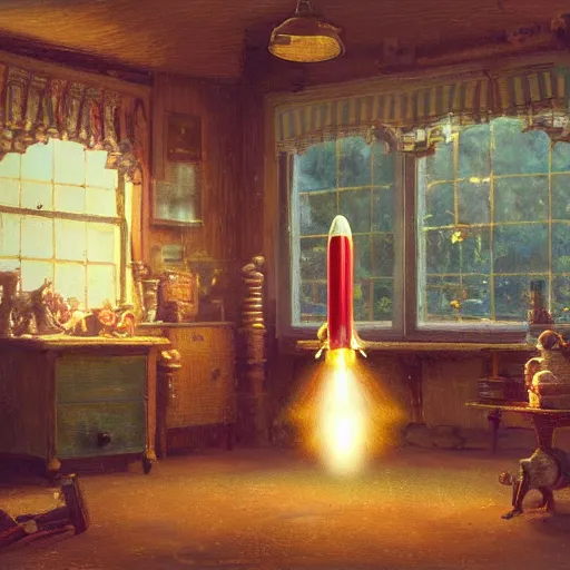 Image similar to an old dusty Victorian era toymaker's shop interior lit by a large window in the style of Craig mullins and colorful + a large toy rocket sits on the floor, center in room.