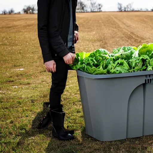 Image similar to man with black pants and black boots standing in a plastic bin of lettuce