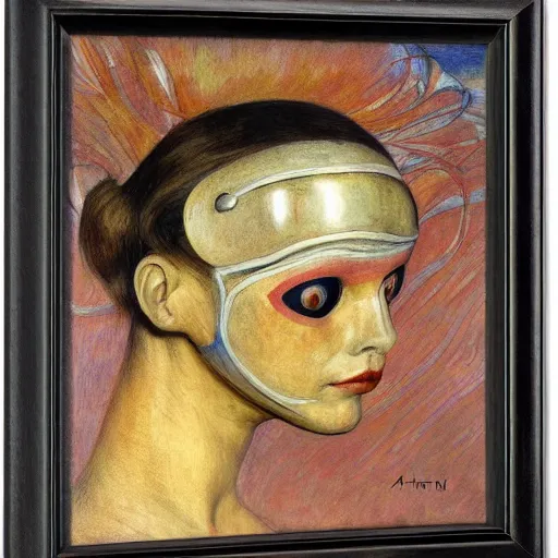 Image similar to the robot in her moth mask, by Annie Swynnerton and Diego Rivera, in profile, symbolist, dramatic lighting, elaborate geometric ornament, Art Brut ,god rays, soft cool colors,smooth, sharp focus, extremely detailed, Adolf Wölfli