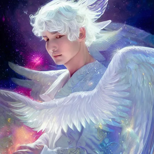 Image similar to harmony of white haired angel yoongi wearing greek clothes, muted colors, nebula background, neon sparkles everywhere, big wings, dynamic hair movement, + + + + dynamic pose, holographic space, glowing effect, j. c leyendecker, by alan lee, wlop! illustrated by starember, fantasy art by craig mullins