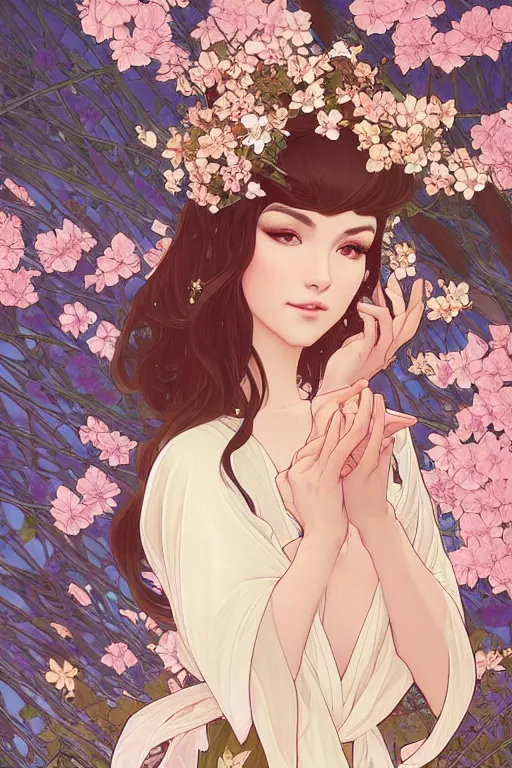 Image similar to A beautiful woman with fox ears who wears kimono in a garden, highly detailed, digital painting, artstation, concept art, smooth, sharp focus, illustration, art by artgerm and alphonse mucha, high definition digital art, in the style of Ross tran and ilya kuvshinov