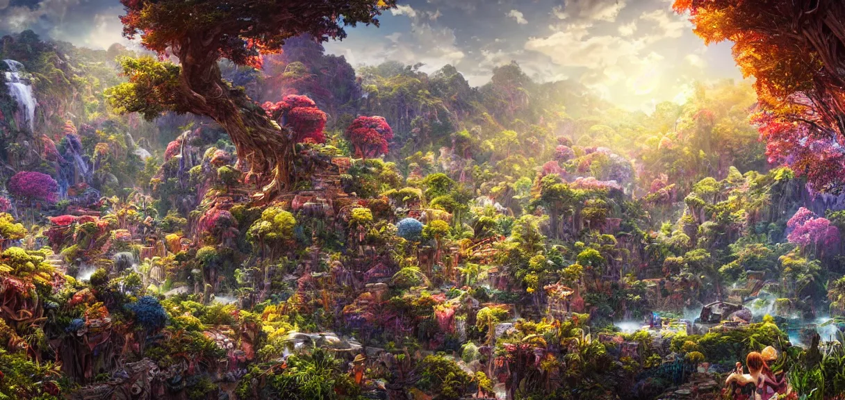 Prompt: the landscape of an unimaginable and beautiful place with all types of colorful vegetation, beyond the physical realm, an ultrafine hyperdetailed illustration by kim jung gi, irakli nadar, intricate linework, bright colors, octopath traveler, final fantasy, unreal engine 5 highly rendered, global illumination, radiant light, detailed and intricate environment