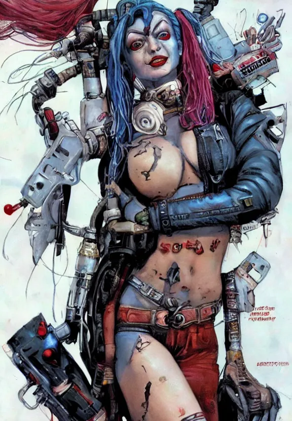 Image similar to a dream portrait of cyberpunk Harley Quinn in post apocalyptic Gotham art by Paul Dini, Joe Chiodo, Simon Bisley