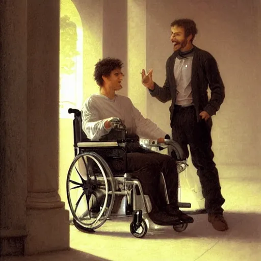 Prompt: a male patient in a wheelchair in the hospital with his wife and son standing by. happy, cheerful, smiling, intricate, face enhance, sharp focus, cinematic lighting, featured in artistation, 8 k, art by greg rutkowski, william adolphe bouguereau