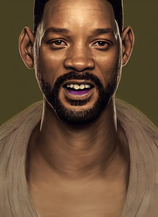 Image similar to portrait of will smith as jesus, au naturel, hyper detailed, digital art, trending in artstation, cinematic lighting, studio quality, smooth render, unreal engine 5 rendered, octane rendered, art style by klimt and nixeu and ian sprigger and wlop and krenz cushart.