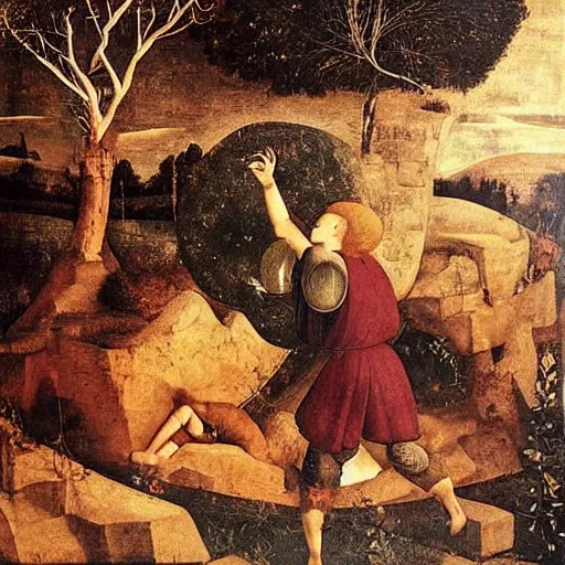 Image similar to A land art. A rip in spacetime. Did this device in his hand open a portal to another dimension or reality?! maroon by Filippino Lippi expressive