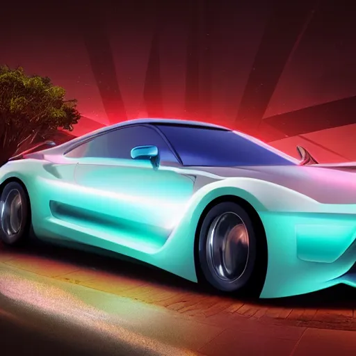 Image similar to a car that shines like Opal gemstone in a dark background. professional digital matte painting.