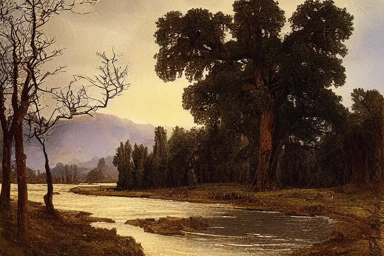 Prompt: painting of a old tree next to a meandering river by alexei savrasov