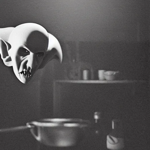 Image similar to nosferatu is cooking in a kitchen, realistic photography