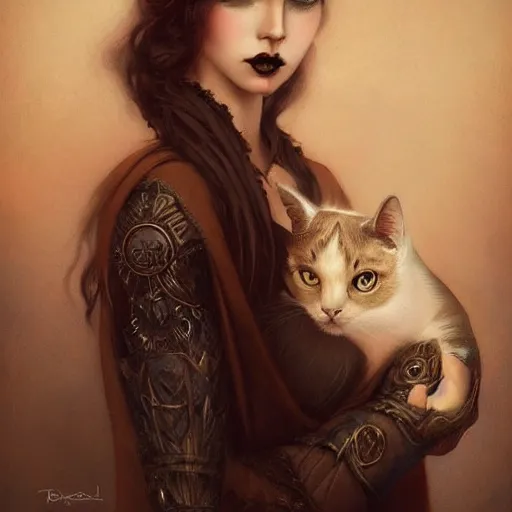 Image similar to a painting of a woman with a cat on her shoulder, a character portrait by tom bagshaw, featured on deviantart, gothic art, wiccan, lowbrow, goth