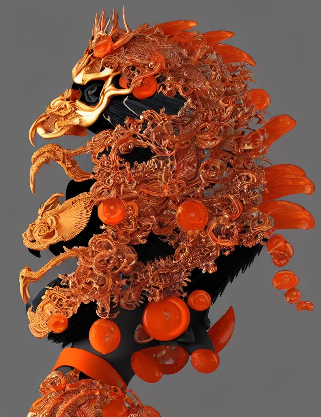 Image similar to 3 d goddess close - up profile portrait biomechanics with ram skull. beautiful intricately detailed japanese crow kitsune mask and clasical japanese kimono. betta fish, jellyfish phoenix, bio luminescent, plasma, ice, water, wind, creature, artwork by tooth wu and wlop and beeple and greg rutkowski. gold black teal and orange color scheme