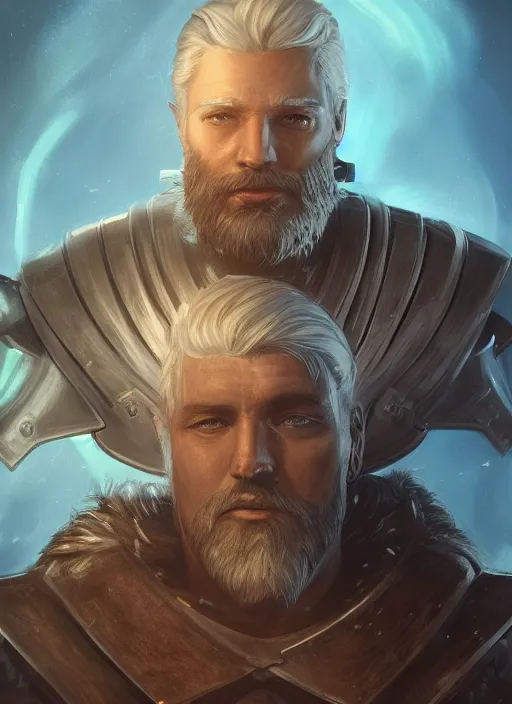 Prompt: an epic fantastic realism comic book style portrait painting of an aasimar paladin, male, silver hair, short brown beard, glowing eyes, d & d concept art, regal, unreal 5, daz, teal aesthetic, octane render, cosplay, rpg portrait, dynamic lighting