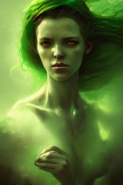 Image similar to character art by bastien lecouffe - deharme, young woman, green hair, green skin, nature powers, 4 k, arstation, trending