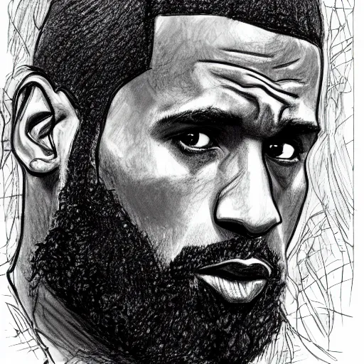 Image similar to a realistic yet scraggly portrait sketch of the side profile of a stern and sophisticated lebron james, trending on artstation, intricate details, in the style of frank auerbach, in the style of sergio aragones, in the style of martin ansin, in the style of david aja, in the style of mattias adolfsson