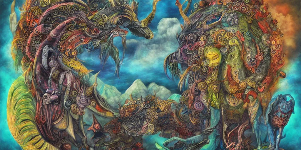 Image similar to mythical creatures and monsters in the imaginal realm of the collective unconscious, surreal mixed media painting by ronny khalil