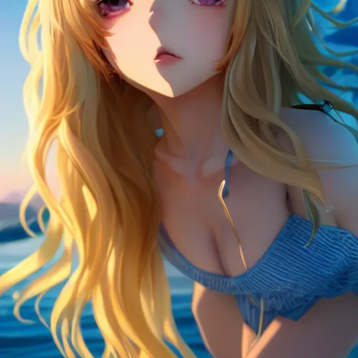 Prompt: a very beautiful anime girl, full body, long wavy blond hair, sky blue eyes, full round face, short smile, golden dress, summer lake setting, cinematic lightning, medium shot, mid-shot, highly detailed, trending on Artstation, Unreal Engine 4k, cinematic wallpaper by Stanley Artgerm Lau, WLOP, Rossdraws, James Jean, Andrei Riabovitchev, Marc Simonetti, and Sakimichan