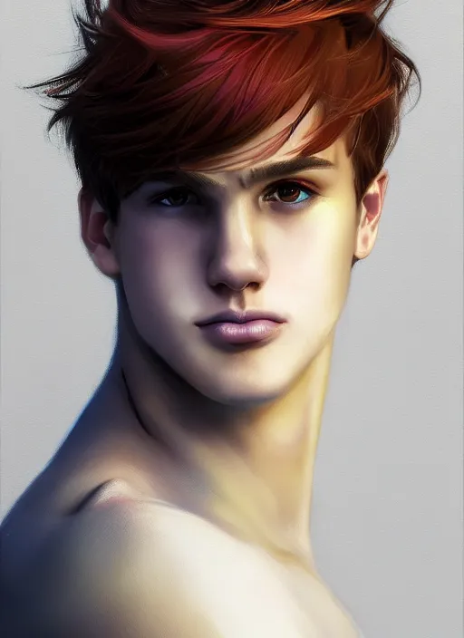 Image similar to portrait of teenage jason blossom, cleft chin, bangs, rich boy, mischievous expression, evil smirk, bangs and wavy hair, bangs, intricate, elegant, glowing lights, highly detailed, digital painting, artstation, concept art, smooth, sharp focus, illustration, art by wlop, mars ravelo and greg rutkowski