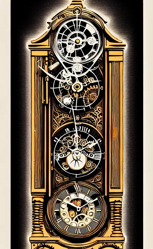 Image similar to ornate steampunk grandfather clock, high details, intricately detailed, by vincent di fate, inking, lineart, 3 color screen print, masterpiece, trending on artstation,, sharp, details, hyper - detailed, hd, 4 k, 8 k