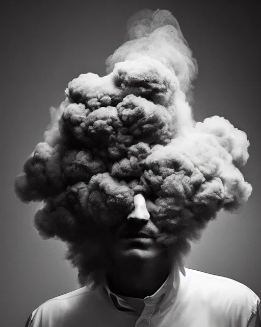 Prompt: annie liebowitz photo of a man who's head is turning into a puff of smoke, black and white