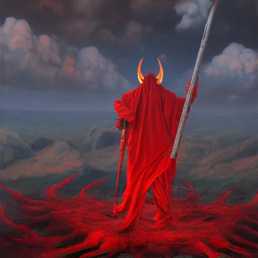 Image similar to realistic painting of a red bloody satanic figure standing in the middle of heaven by michael whelan, ultra realistic, 8 k, trending on artstation, octane renderer, mesmerizing, aesthetic, beautiful