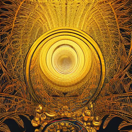 Image similar to vivid illustration of a person choosing between tunnels inside a highly intricate torus with detailed golden ornamentation and golden light, choosing between pathways