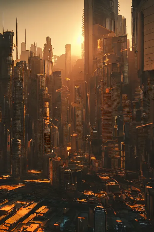 Image similar to cyberpunk cityscape with tall buildings at dusk golden hour orange cinematic lighting, epic composition. A golden daylight, hyper-realistic environment. Hyper and intricate detail, photo-realistic. Cinematic and volumetric light. Epic concept art. Octane render and Unreal Engine, trending on artstation