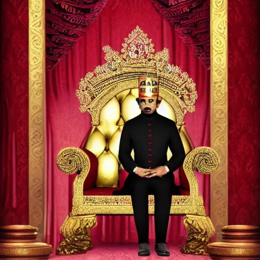 Image similar to the king of india sitting on a throne wearing a black suit and a red fez, detailed masculine face with red lips, black eyes and large forehead, detailed body, moody atmosphere, digital art, highly detailed, high contrast, beautiful lighting, award winning, trending on art station, photorealistic, 8 k,